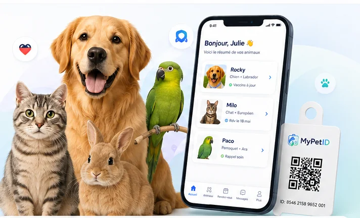 Plusieurs animaux devant l'application MyPetID, qui affiche la liste des animaux d'une propriétaire et sa médaille à QR code.